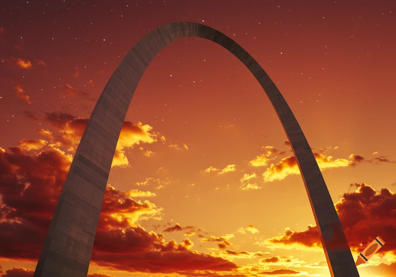 The Gateway Arch in St. Louis stands tall against a vibrant orange and red sunset sky filled with stylized, fiery clouds.