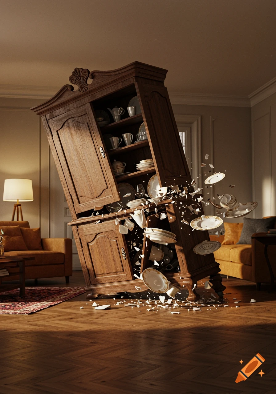 A wooden hutch filled with dishes topples over in a living room, scattering broken ceramic pieces across the hardwood floor.