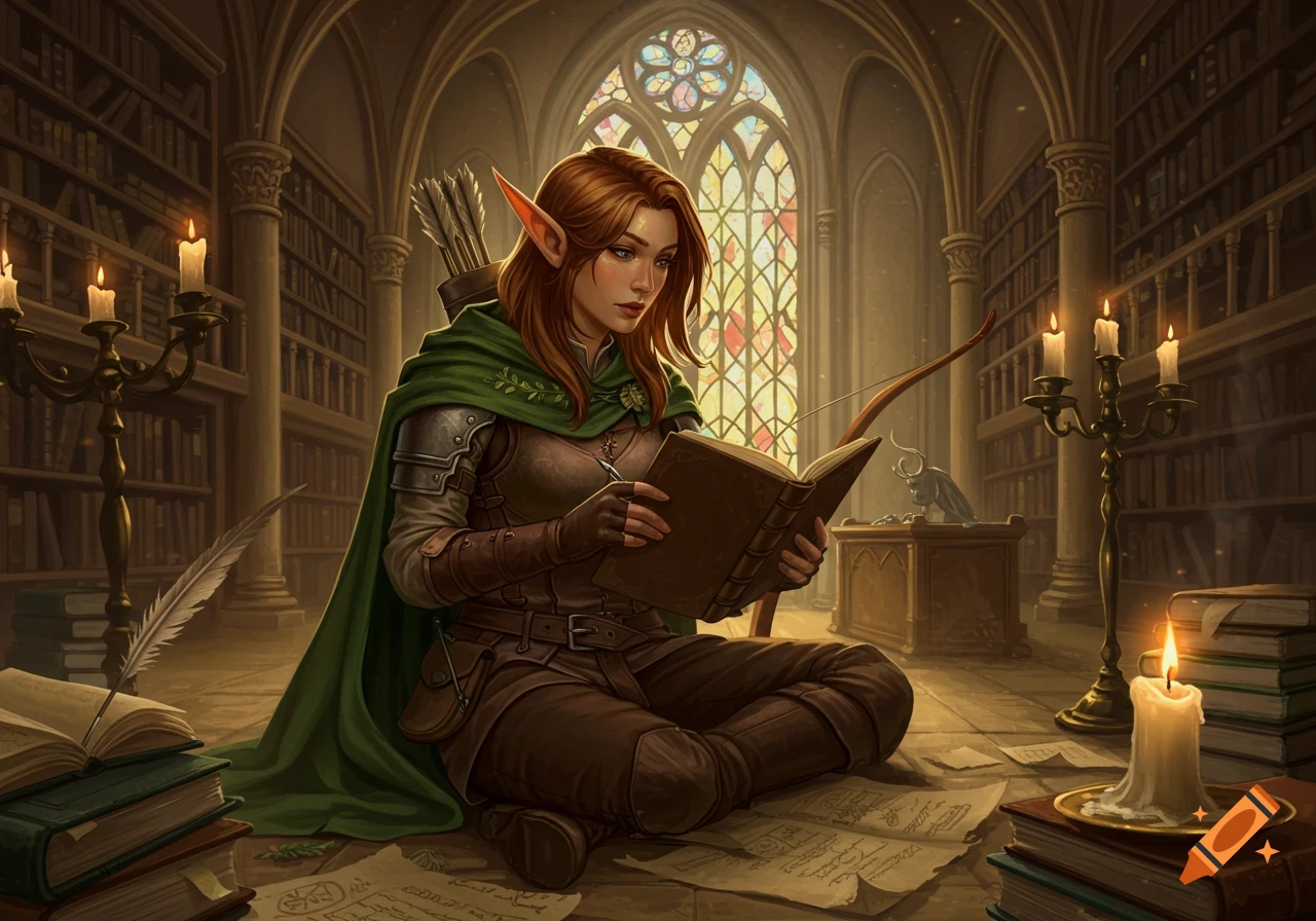 A female half-elf ranger in a green cloak and armor sits reading a book on the floor of a medieval library lit by candles.