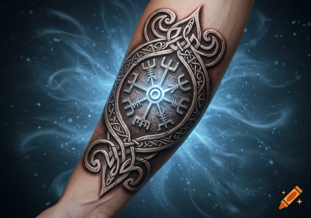 A detailed glowing rune tattoo in a circular design on an arm, against a mystical blue background with sparkling lights.