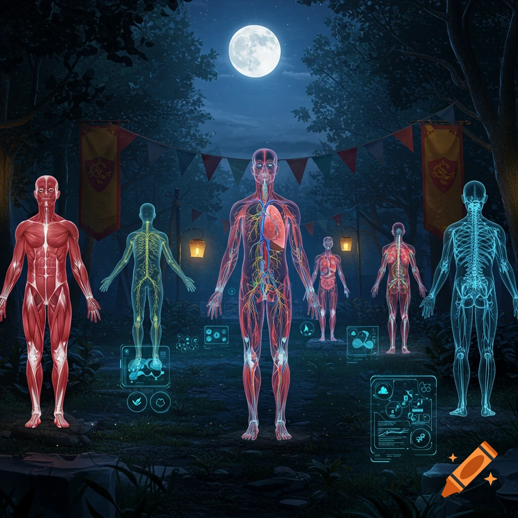Five human anatomical diagrams (muscles, nervous, circulatory, organs, skeleton) glowing in a dark, moonlit forest with banners and holographic displays.
