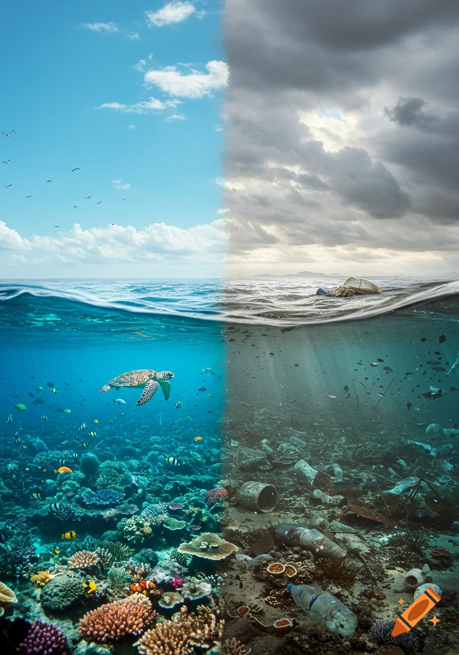 Split image: vibrant ocean with coral and turtle on left, polluted ocean with trash and murky water on right.