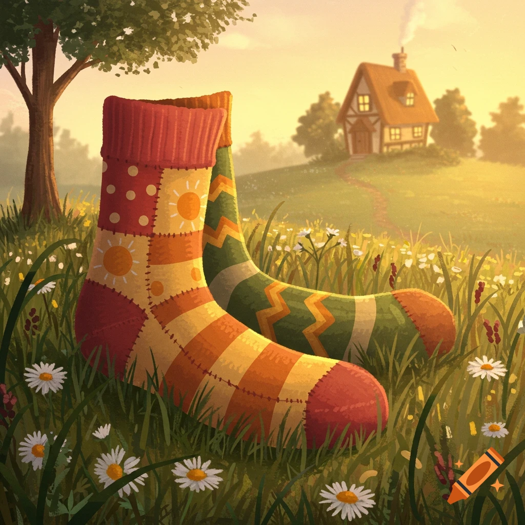 Two colorful, patterned socks in a grassy field with daisies, a tree, and a distant house on a hill at sunset, in an illustration style.