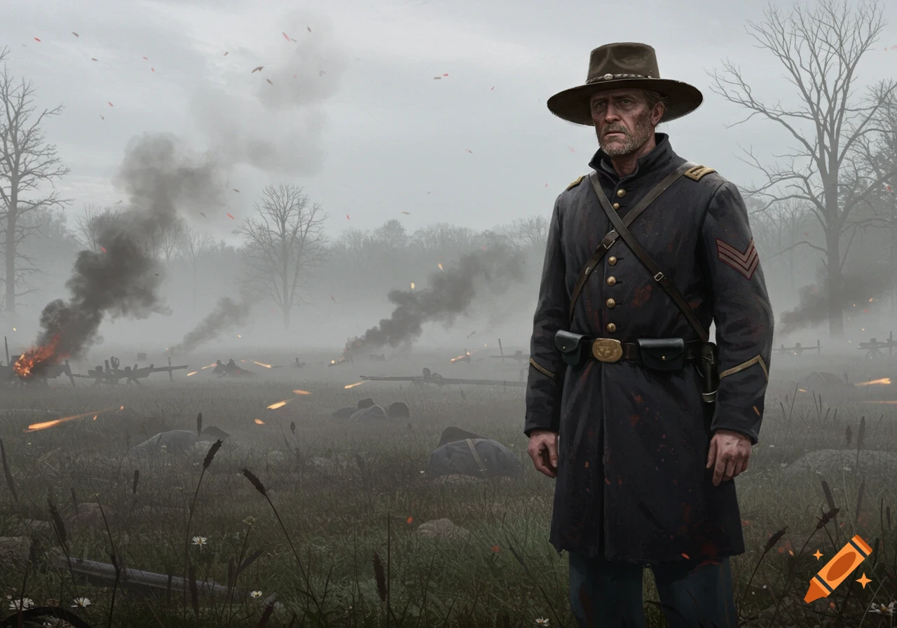 A serious Civil War soldier in a dark uniform and hat stands on a misty, smoke-filled battlefield with fires and fallen soldiers.