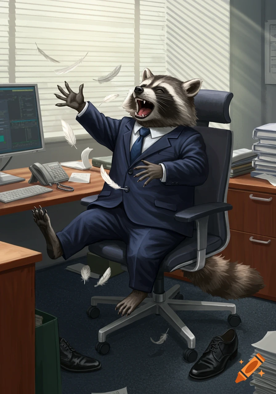 An anthropomorphic raccoon in a suit laughs hysterically in an office chair as feathers float around, with black shoes on the floor.