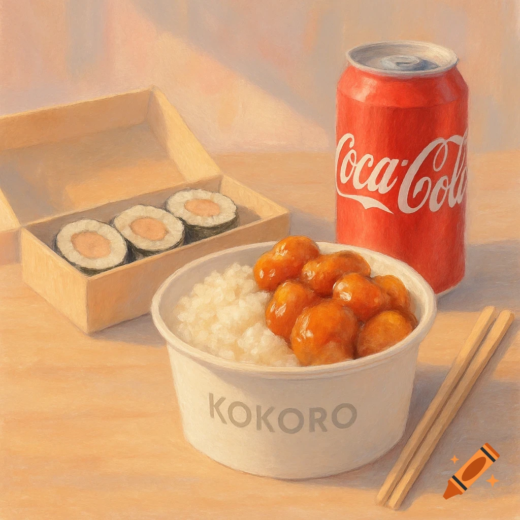 A painterly still life of a white bowl with rice and sweet and sour chicken, a box of kimbap, a Coca-Cola can, and chopsticks on a table.