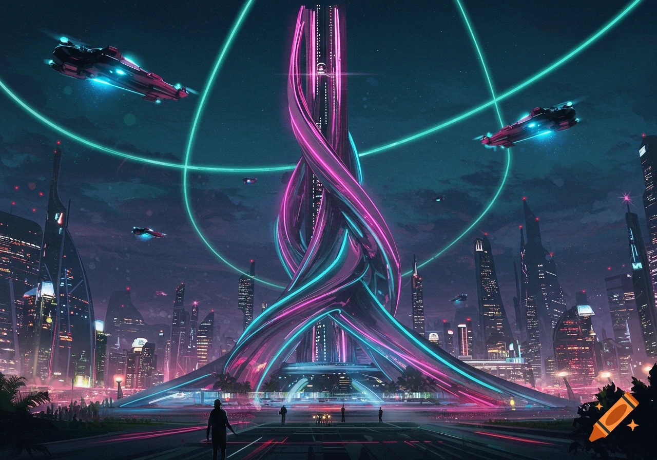 Vibrant neon-lit futuristic city at night with a twisted central monument, modern architecture, and flying spaceships. Digital art.