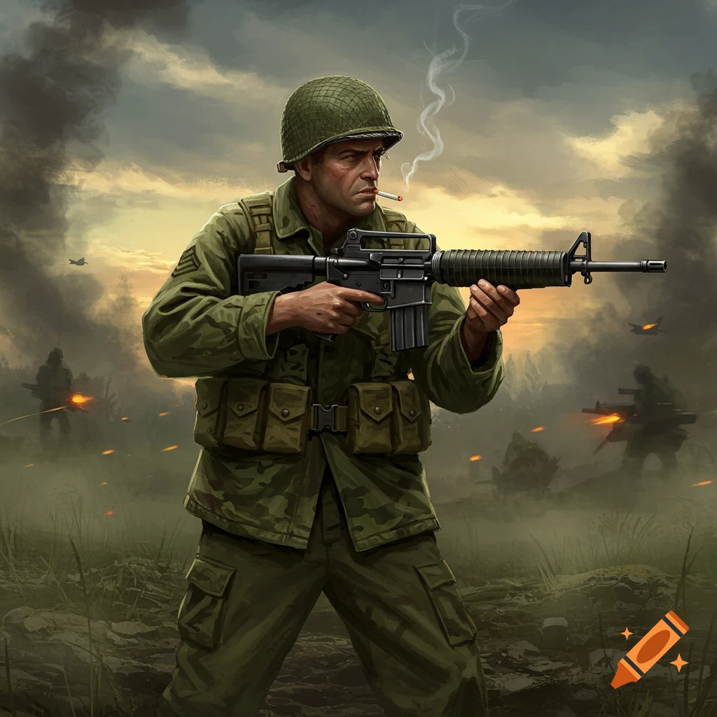A stylized painting of a soldier in military uniform, holding an M16A1 rifle and smoking a cigarette on a smoky battlefield.