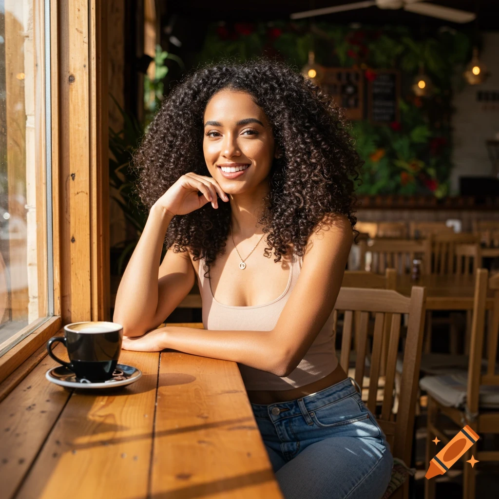 A young woman with dark curly hair smiles while sitting at a wooden table with a coffee cup by a window in a sunlit cafe.