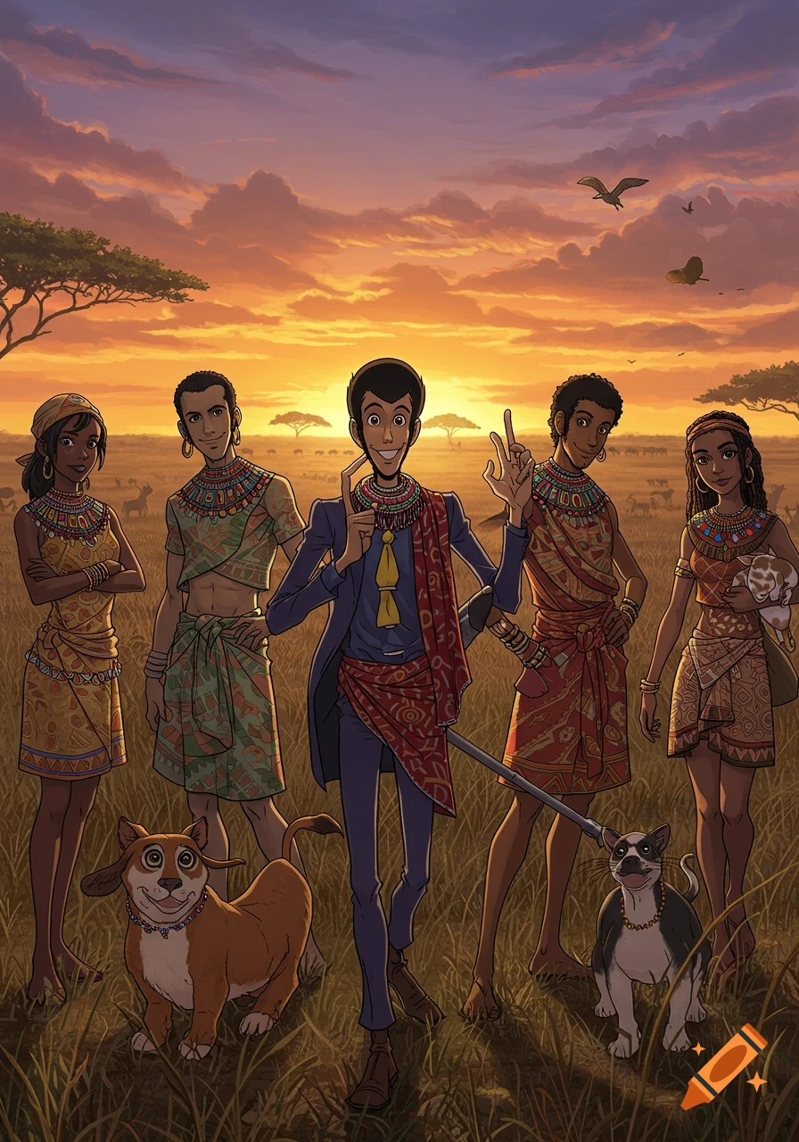 Cartoon of Lupin and his friends in African attire, with two dogs, standing in a savanna at sunset.
