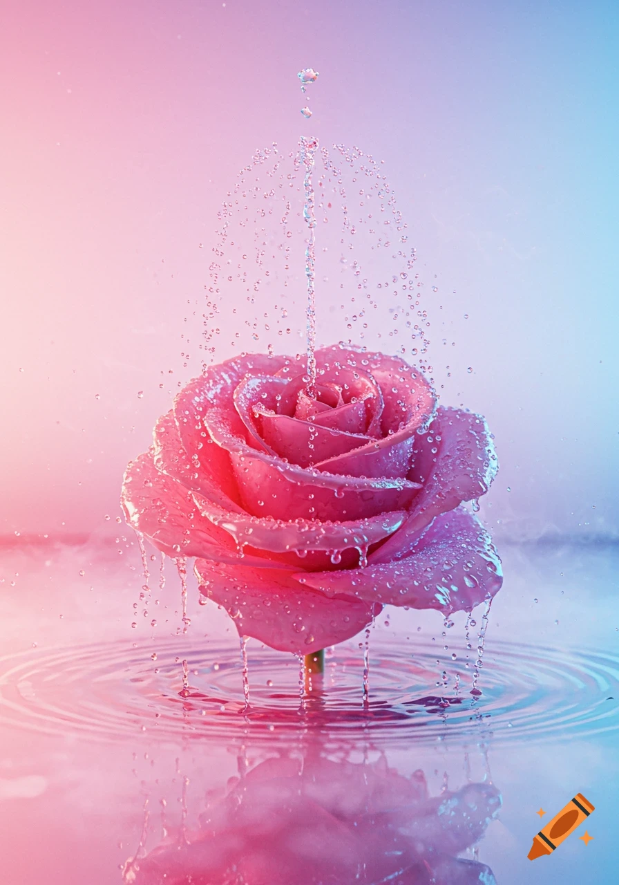 Close-up of a vibrant pink rose with water droplets and ripples, under a stream of water, against a pink and blue gradient background.