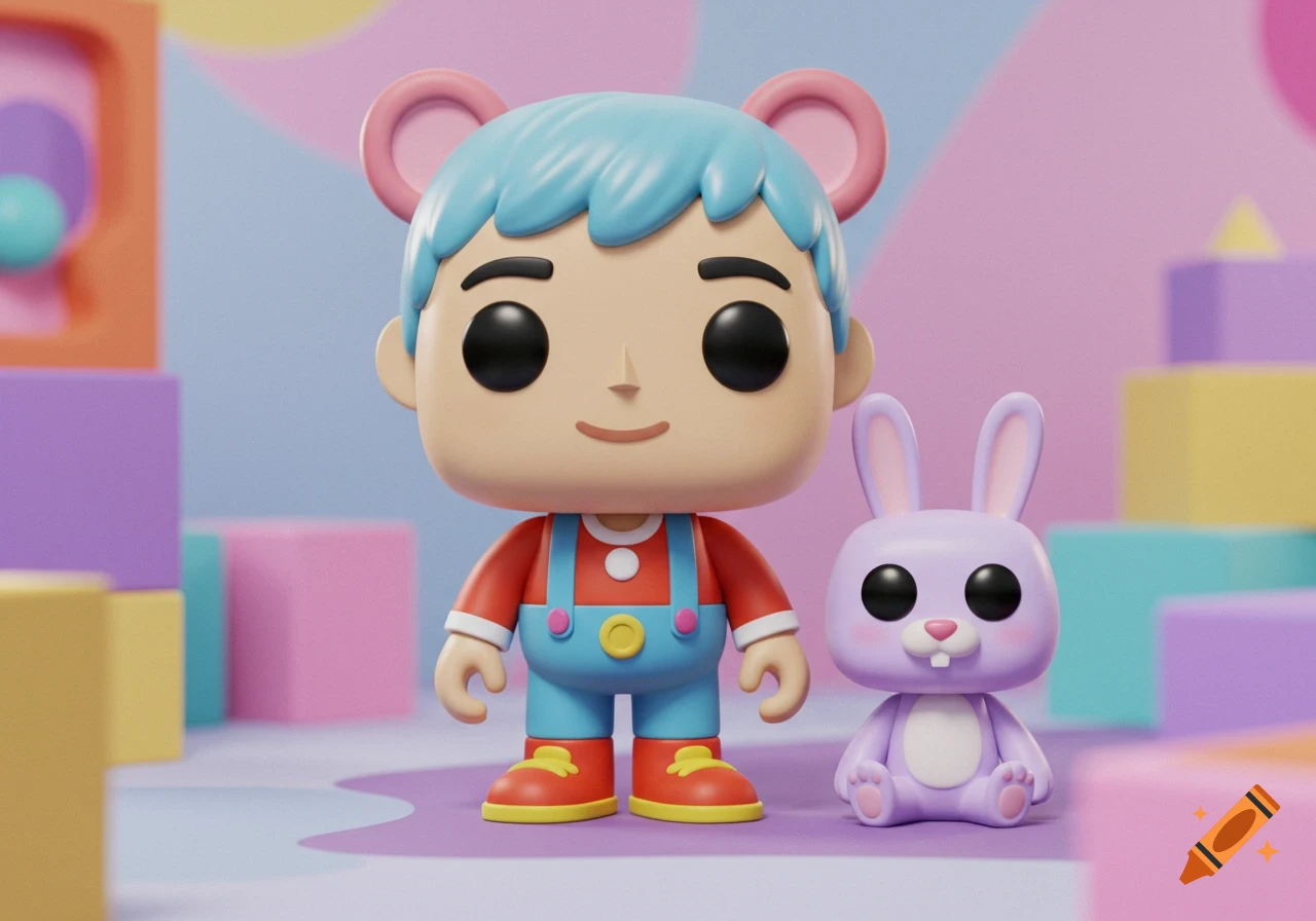 A Funko Pop style boy figure with blue hair and a red and blue outfit stands next to a purple Funko Pop bunny figure, surrounded by colorful toy blocks.