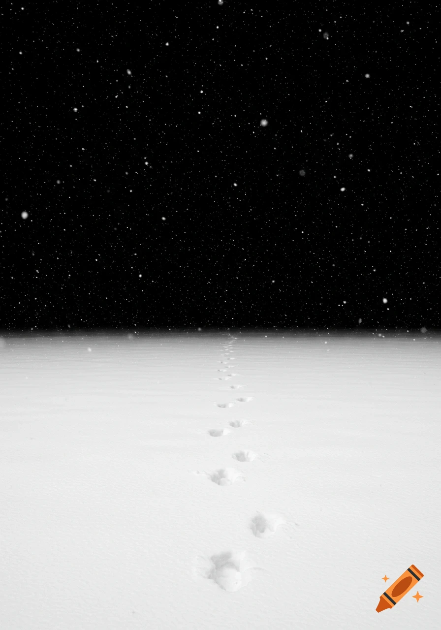 Black and white, minimalist image of footprints in deep snow under a starry night sky with falling snowflakes.