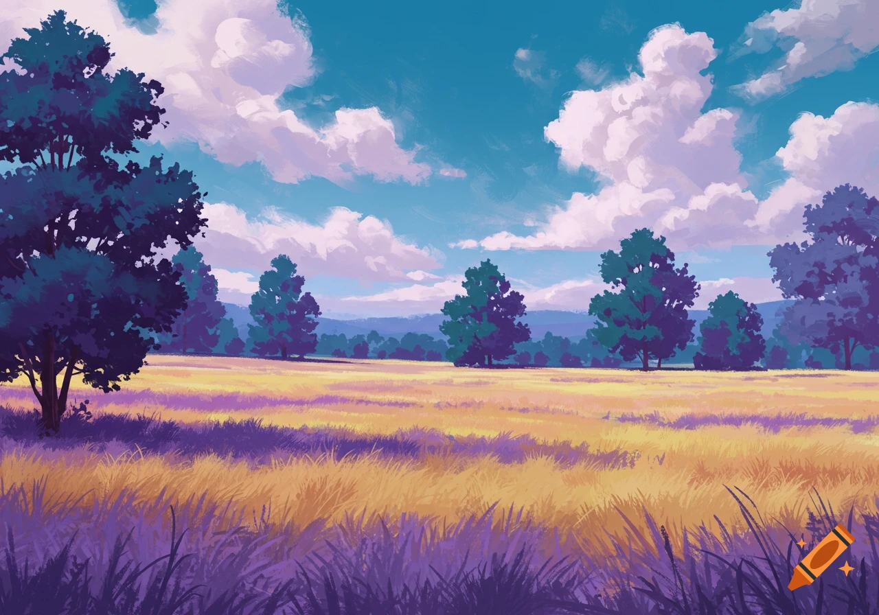 Vibrant painterly landscape with fields of purple and gold grass, green trees, and a blue sky with pinkish clouds.