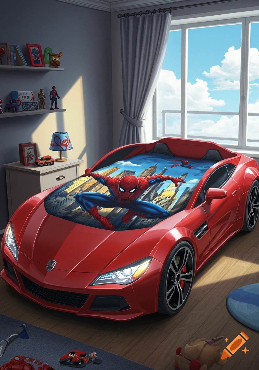 A vibrant red race car bed with Spiderman bed sheets showing him over a city skyline, in a child's bedroom with shelves of toys and a large window.