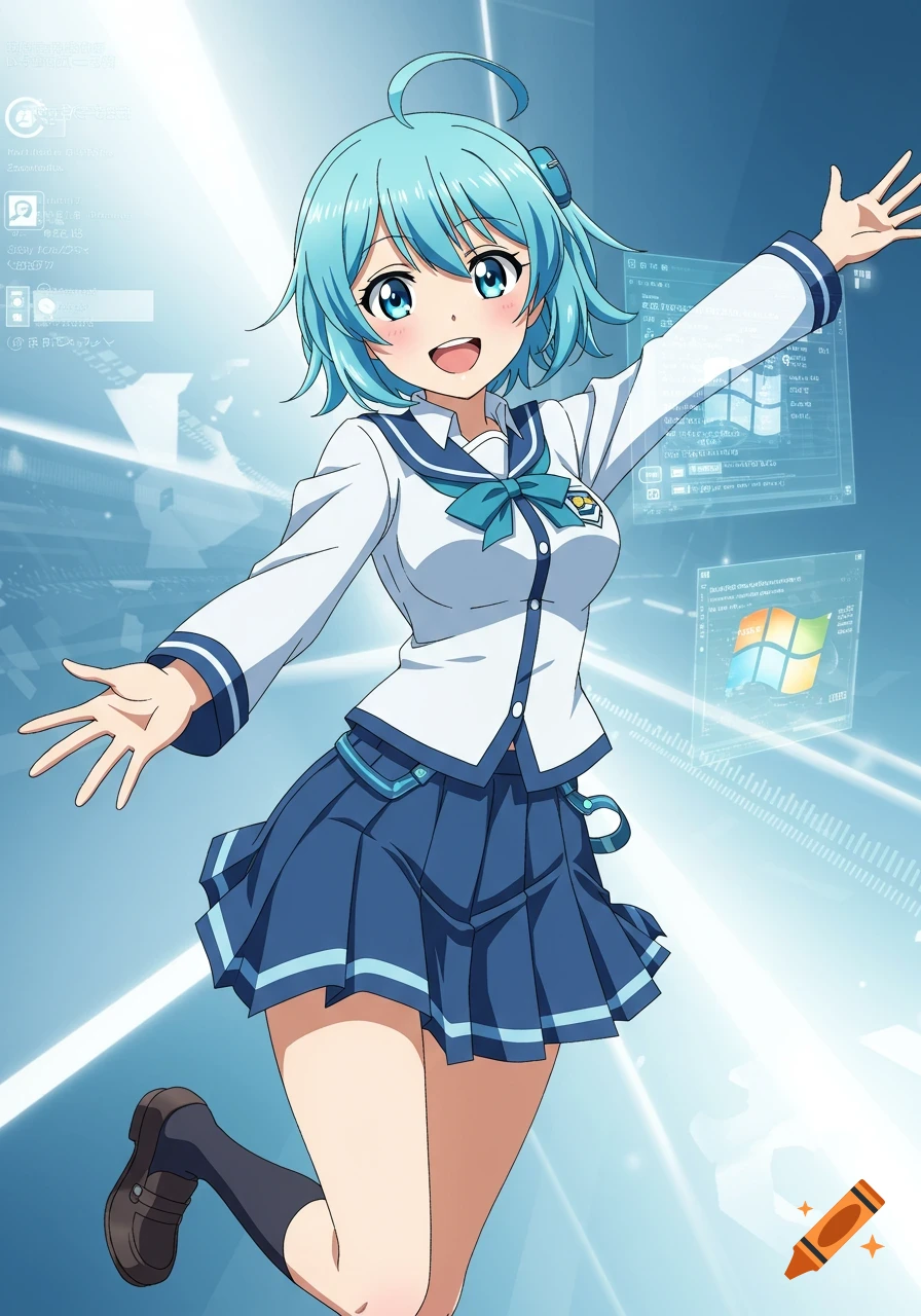 A cheerful anime girl with light blue hair in a school uniform smiles and gestures, against a background of glowing blue holographic screens and a Windows logo.