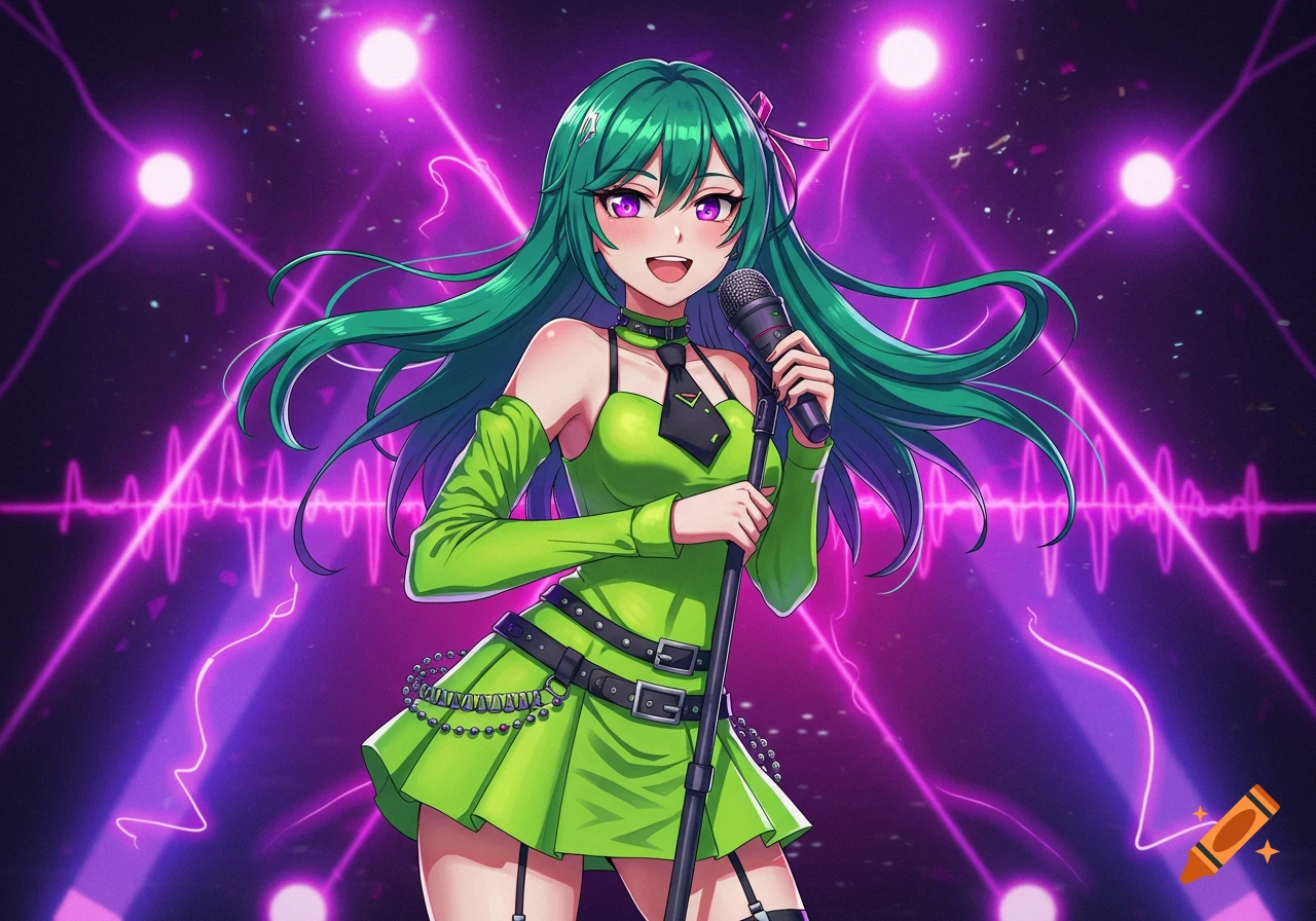An anime girl with long green hair and purple eyes sings into a microphone on a stage with purple spotlight beams and sound wave graphics.