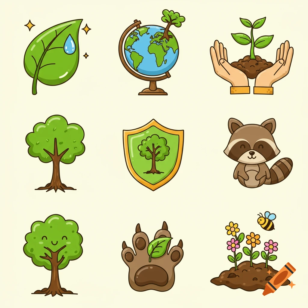 A grid of nine colorful cartoon icons: a green leaf with a water droplet, a globe with a tree, hands holding a sprouting plant, a tree, a shield with a tree, a raccoon, a smiling tree, a paw print with a leaf, and flowers with a bee.