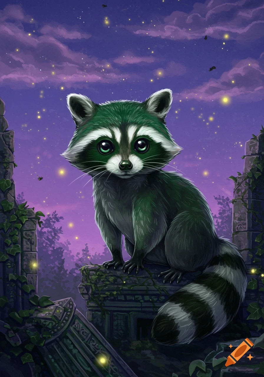 A cute green raccoon with big eyes sits on ancient, mossy ruins under a purple, starry night sky with glowing fireflies in a fantasy illustration.