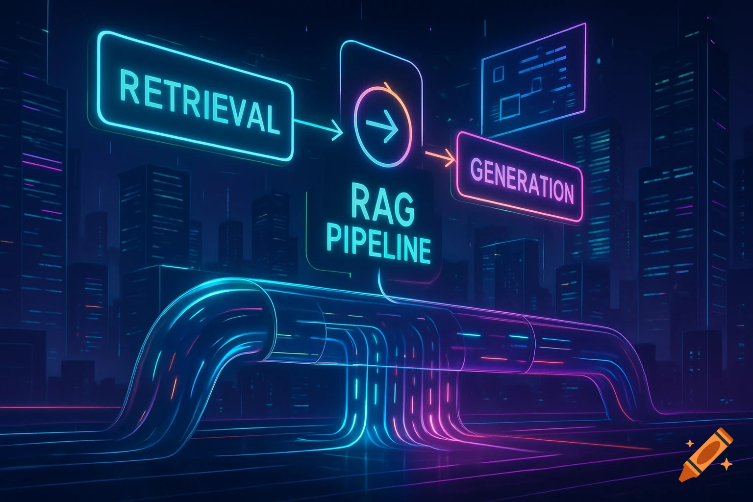 Neon diagram of a RAG Pipeline with 'Retrieval' and 'Generation' steps flowing through illuminated pipes in a futuristic city.