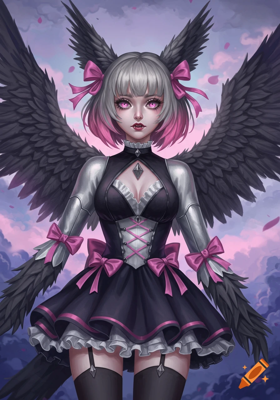 An anime-style winged fantasy character with gray and pink hair, pink eyes, fangs, and a black gothic dress, against a pink and purple sky.