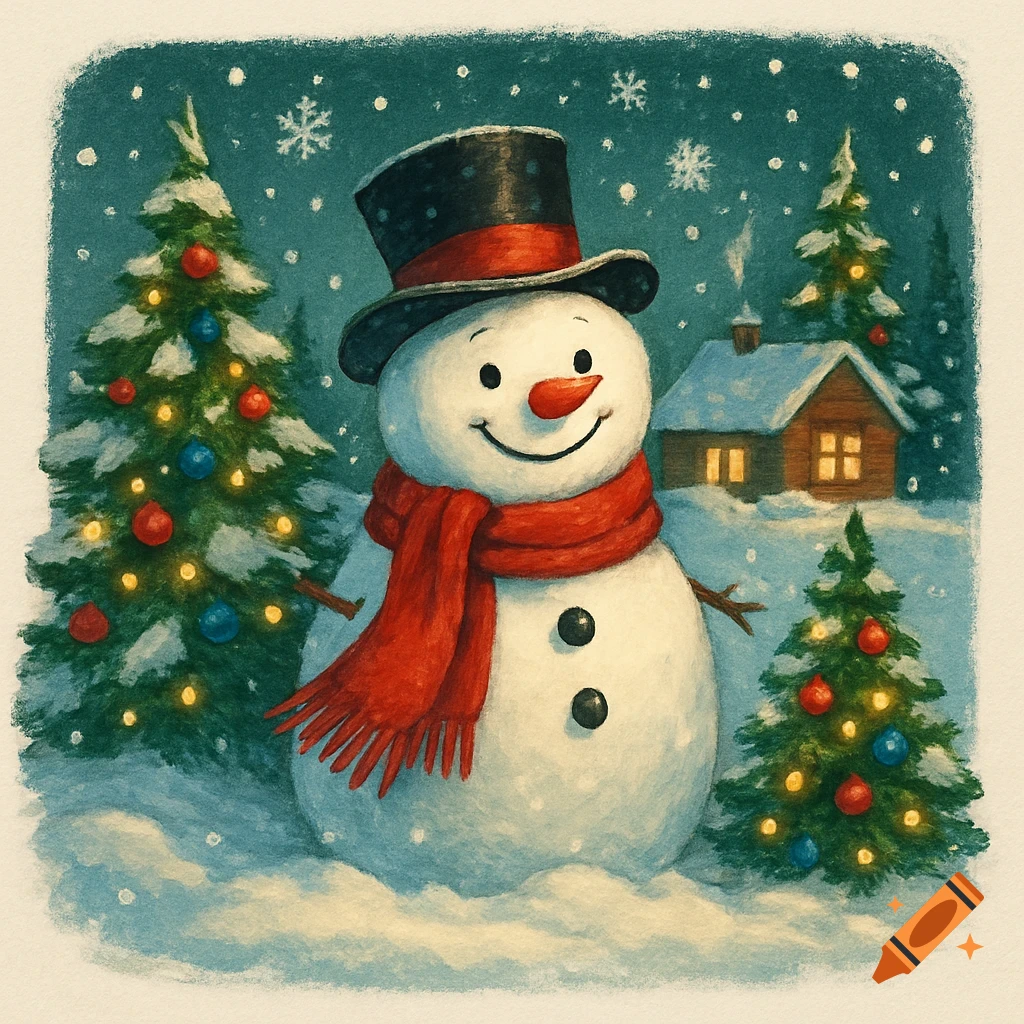 A cheerful snowman in a top hat and red scarf stands in a snowy scene with decorated Christmas trees and a cabin, illustration.