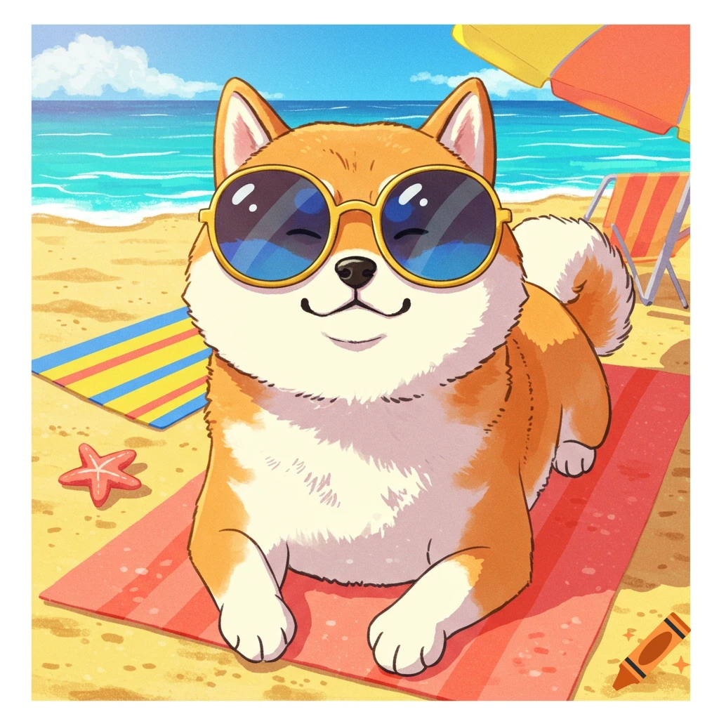 A cartoon Shiba Inu wearing blue sunglasses lies on a red towel on a sunny beach, with the ocean in the background.