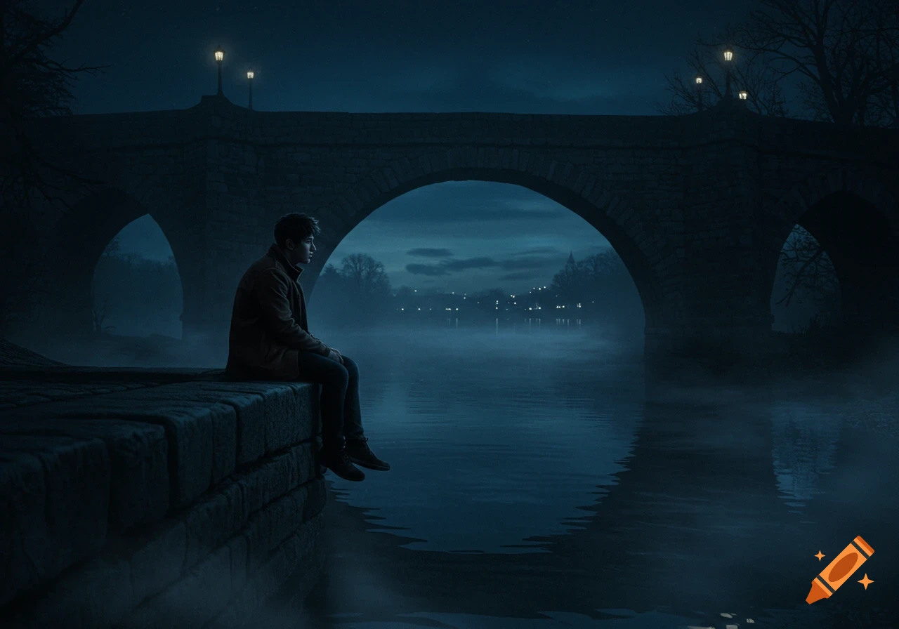 A lonely man sits on a stone wall by a foggy river under a bridge at night, moody lighting.