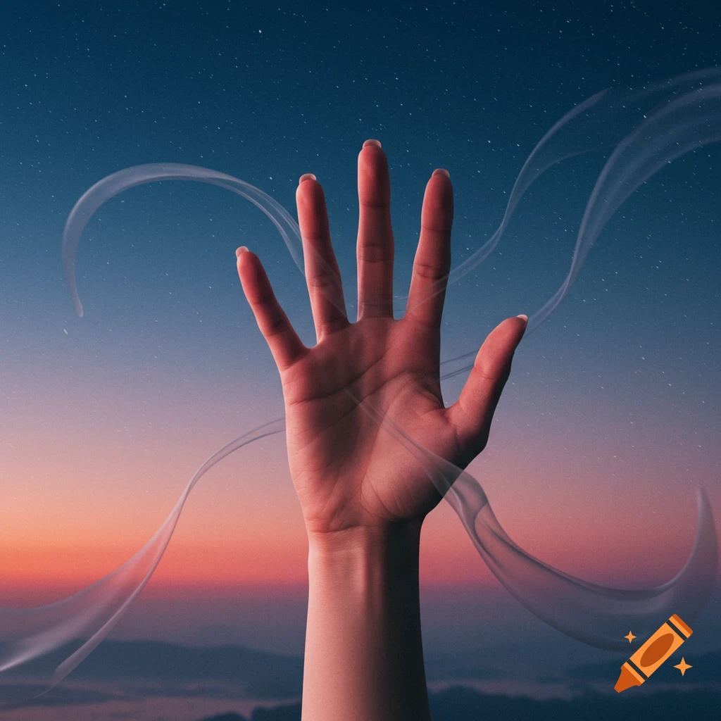 A hand with six fingers reaches upwards against a starry night sky with a colorful sunset horizon and abstract light trails.