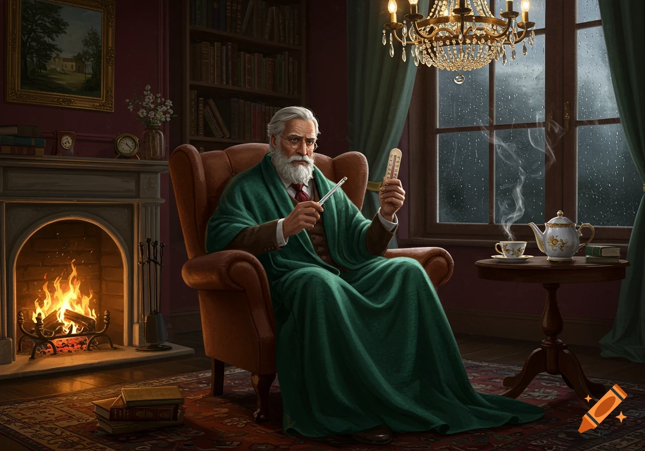 An old man in a green blanket sits by a fireplace on a rainy day, examining a thermometer. Steaming tea is on a nearby table.