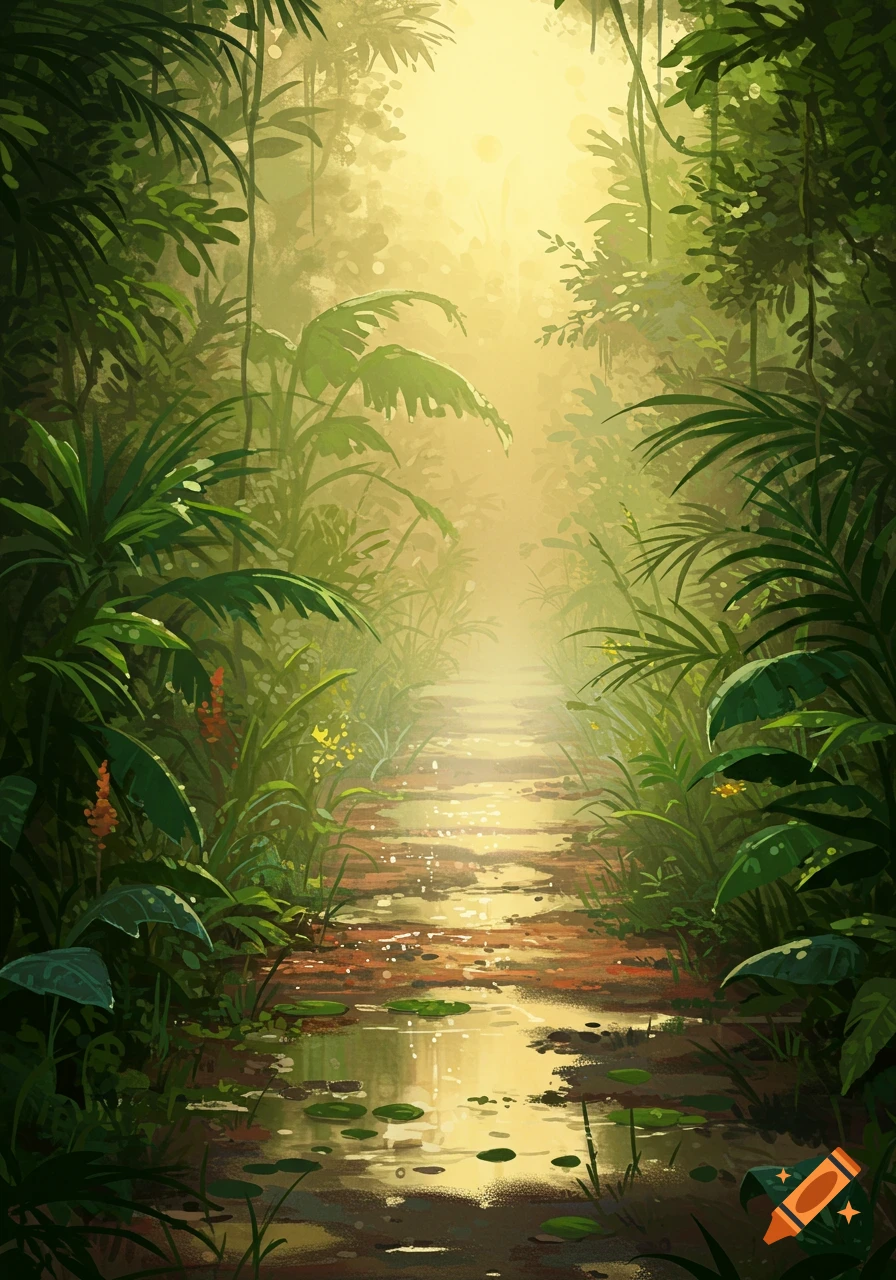 Stylized illustration of a sunlit, winding path through a lush green jungle with water puddles.