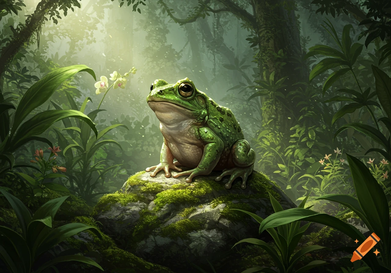 A vibrant green frog with speckled skin sits atop a mossy rock in a lush, sunlit jungle environment.