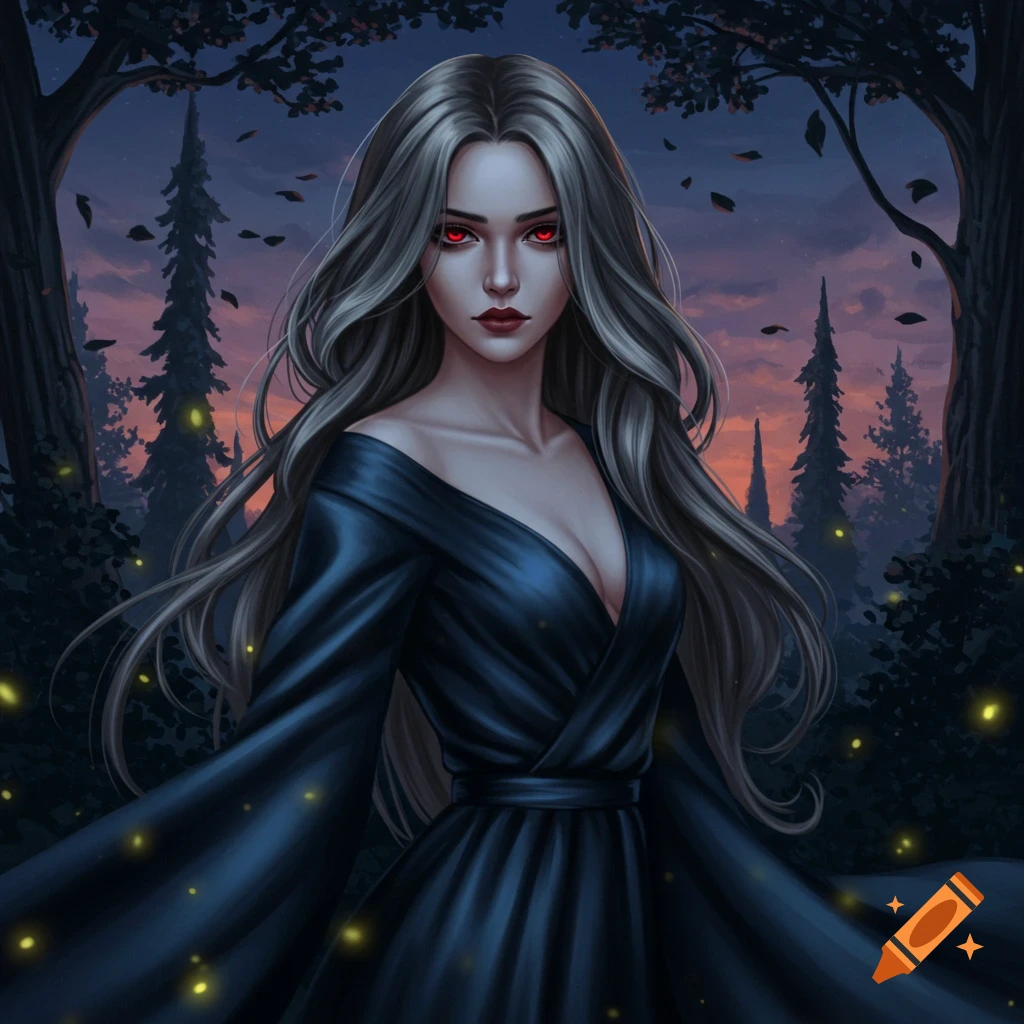 Digital painting of a mysterious woman with long grey hair and glowing red eyes, wearing a dark blue dress in a twilight forest.