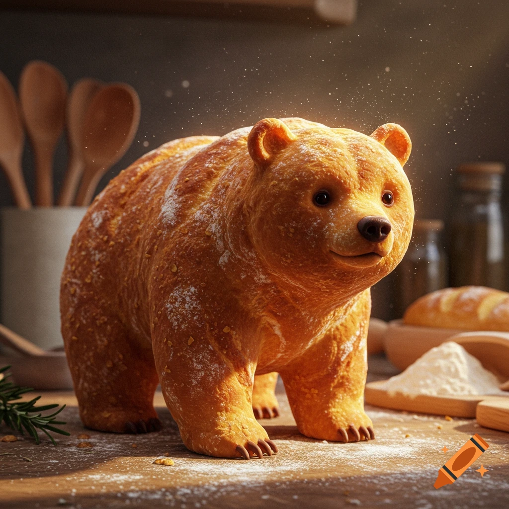 A bear-shaped loaf of bread, dusted with flour, stands on a wooden kitchen counter with baking ingredients.