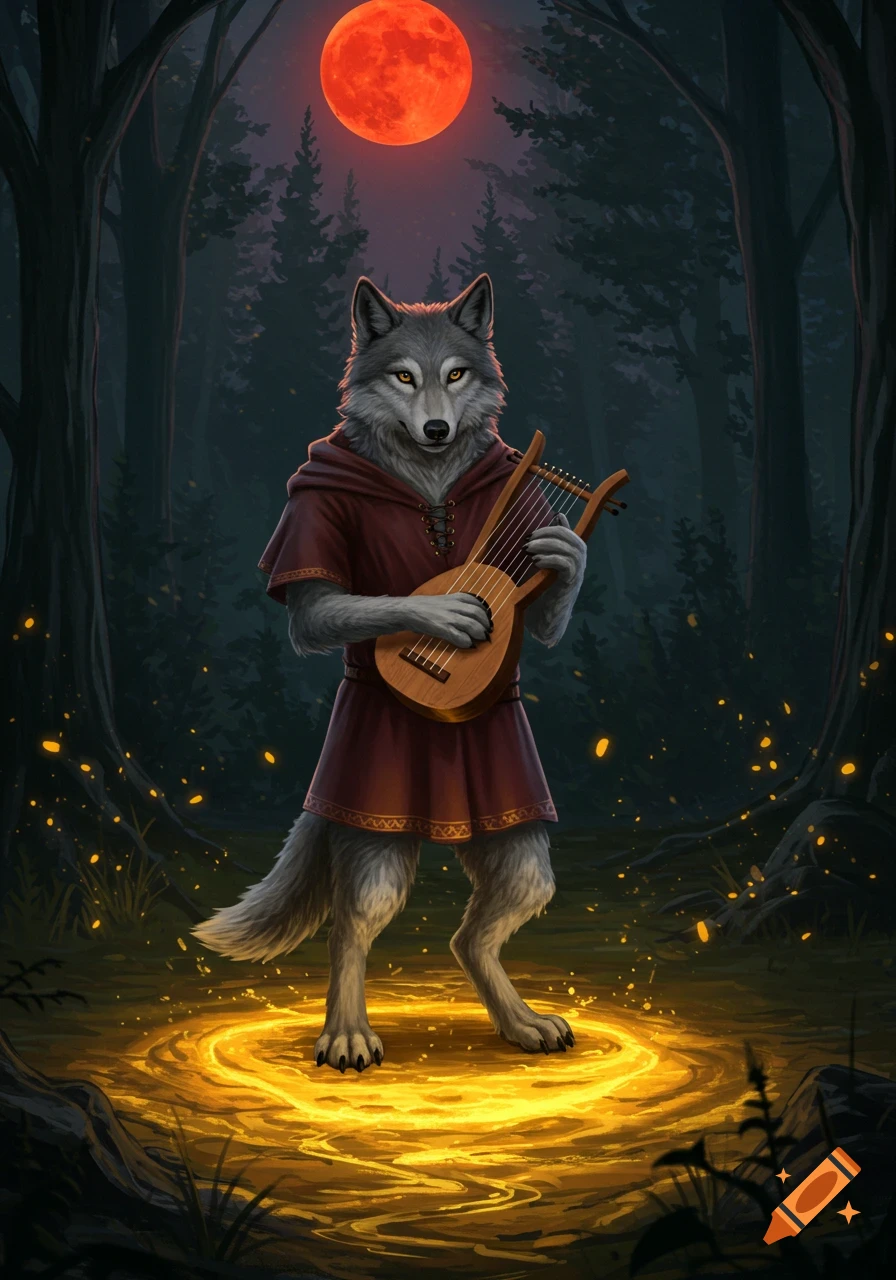 An anthropomorphic wolf in a dark forest plays a lyre, standing on glowing liquid gold under a red moon. Fantasy art style.