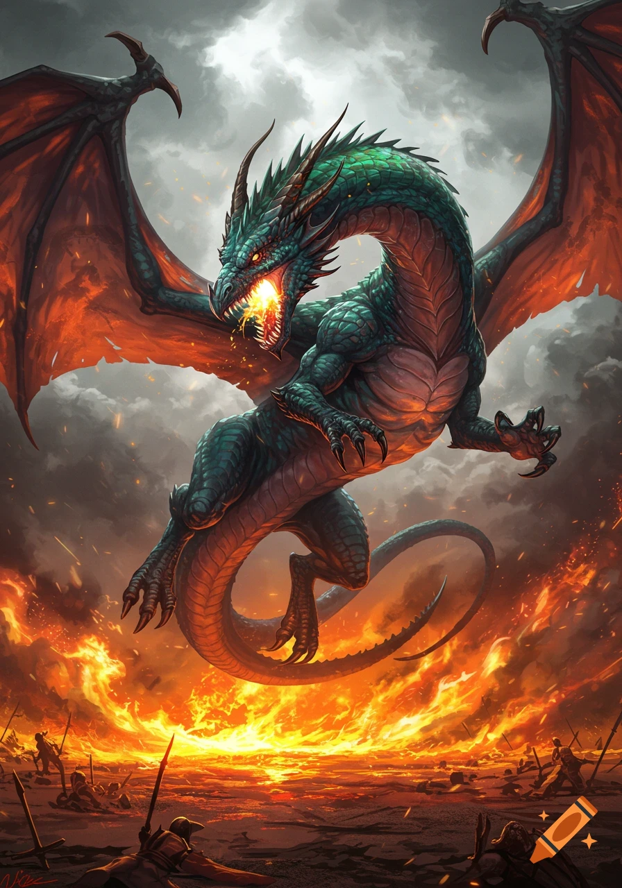 A majestic green dragon with red wings breathes fire over a burning battlefield, with human soldiers below. Fantasy art style.