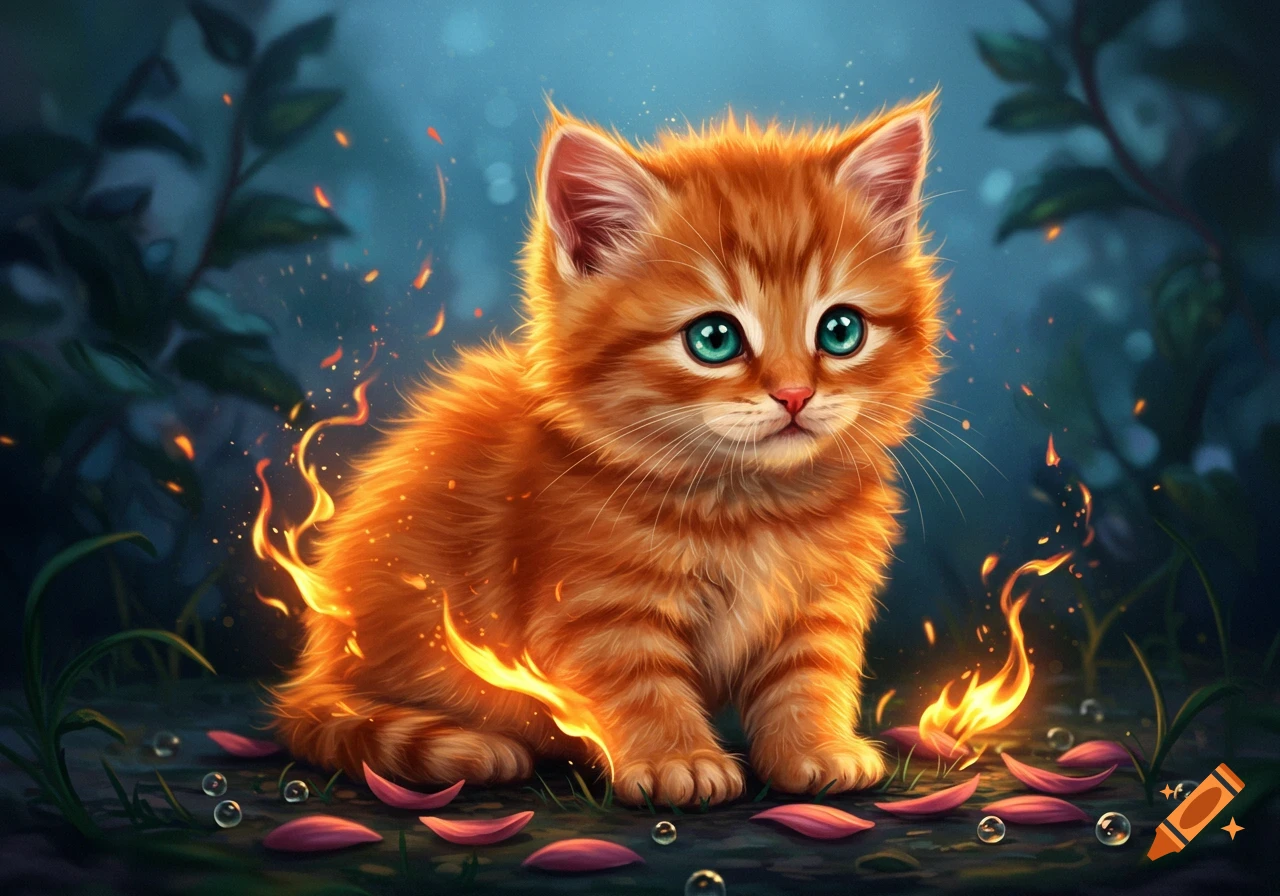 A cute orange kitten with bright aqua eyes and stylized flames, sitting in a dark, whimsical forest. Digital painting.