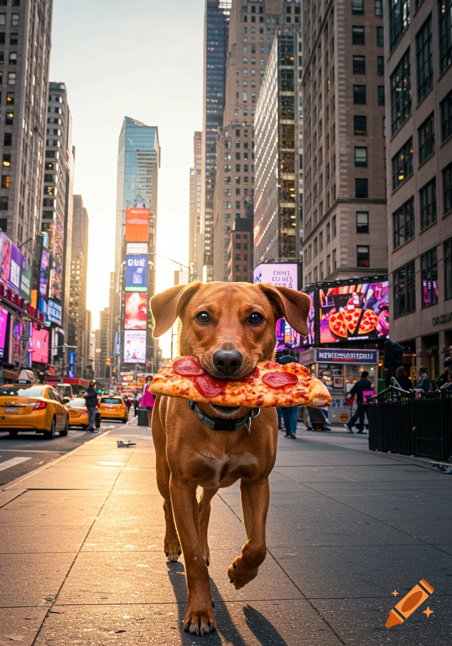 A brown dog walks down a busy New York City street, carrying a pepperoni pizza in its mouth.