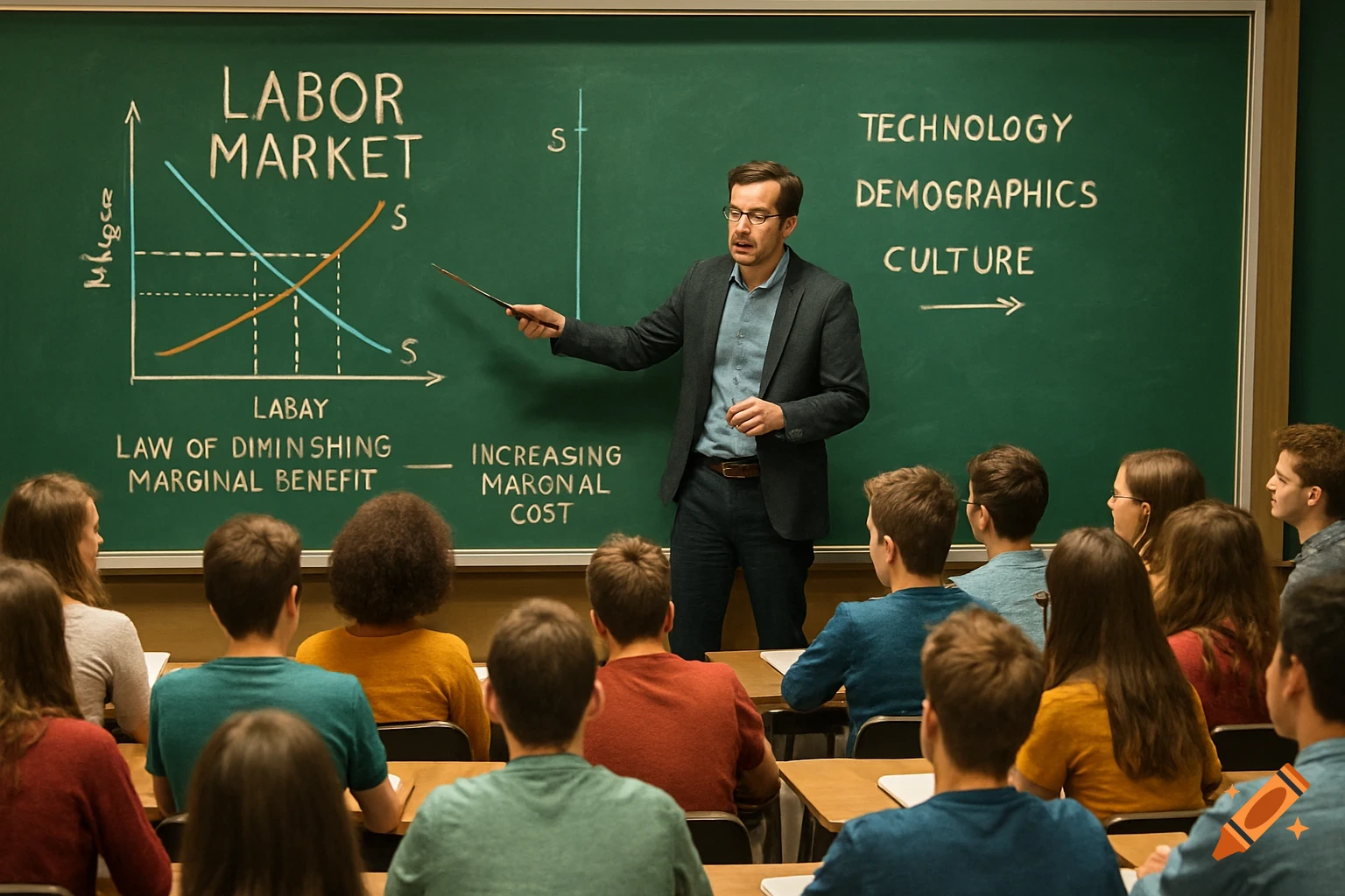 A professor points to a blackboard with a labor market graph and economic terms, lecturing students in a classroom.