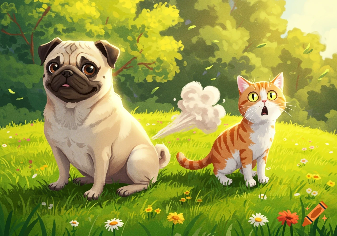 A cartoon pug dog farts, startling an orange tabby cat in a sunny, grassy field.