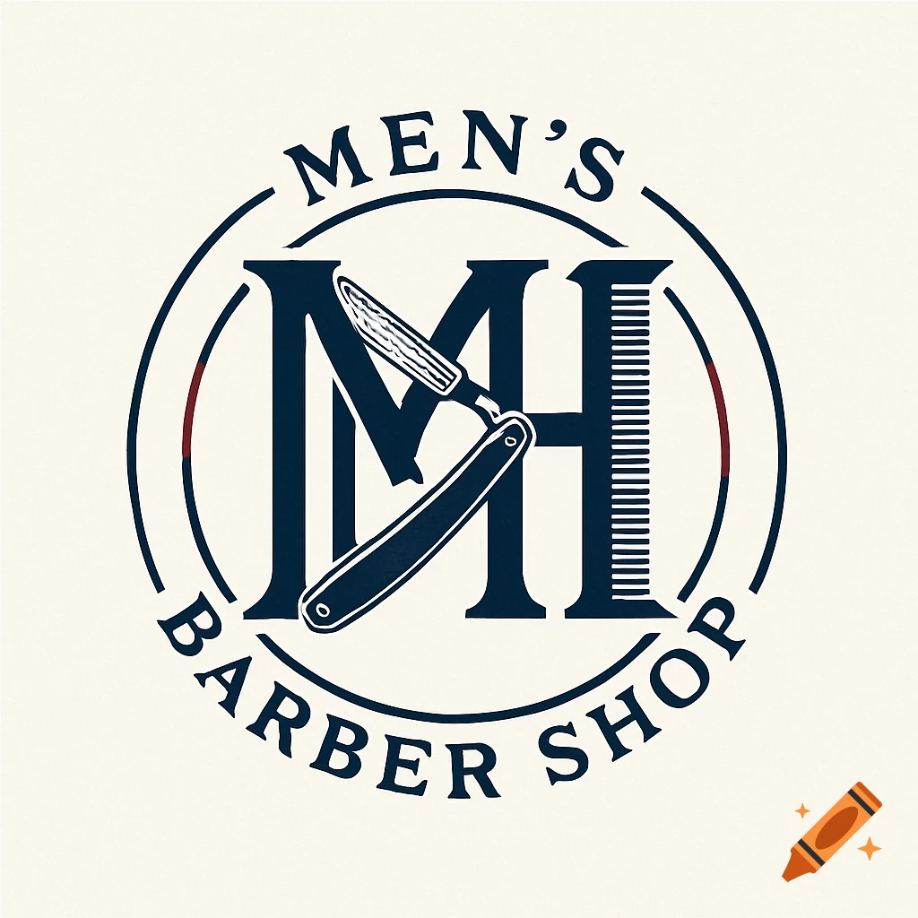 Vintage style logo for a men's barber shop featuring the letters 'MH' and a straight razor within a circular design with 'MEN'S BARBER SHOP' text.