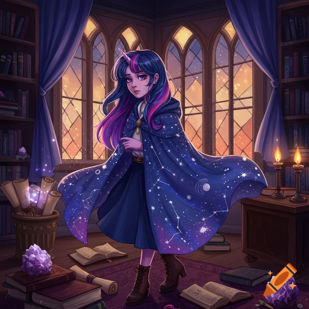 Anime character with dark and purple hair, unicorn horn, in a constellation cloak standing in a magical library at sunset.