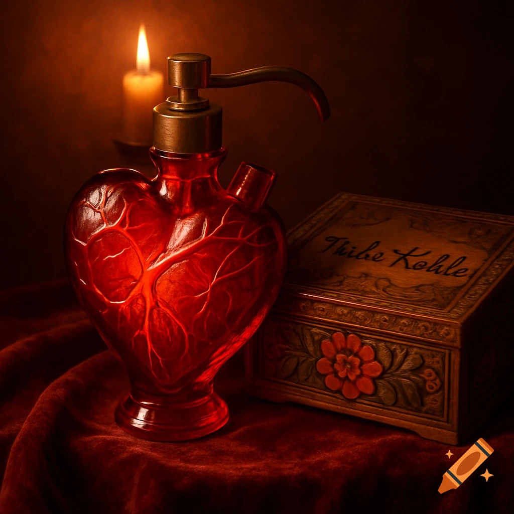 A heart-shaped red glass bottle with a pump, next to a carved wooden box, illuminated by a candle on red velvet.