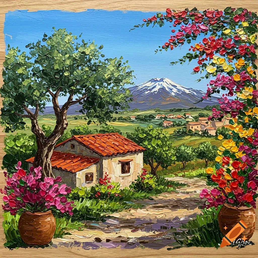 Vibrant impasto painting of a rustic Mediterranean house, olive tree, and colorful bougainvillea with a snow-capped mountain in the background.