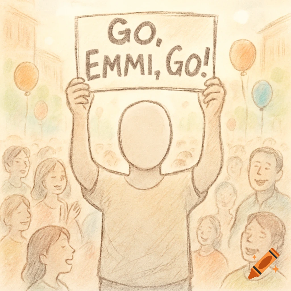 A hand-drawn illustration depicts a faceless person holding a sign that reads 'GO, EMMI, GO!' above a cheering crowd.