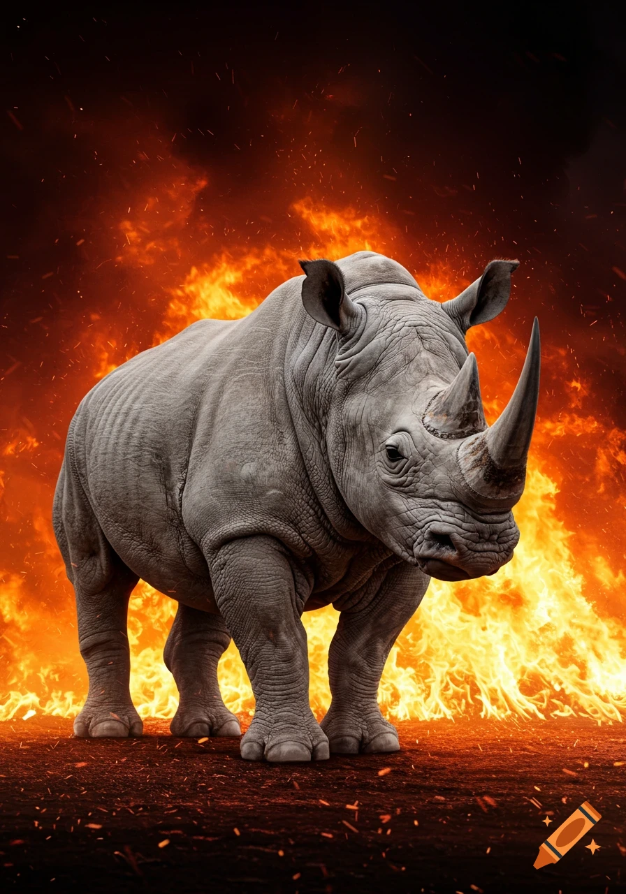Photorealistic white rhino standing on dark ground with a dramatic, fiery background and flying sparks.