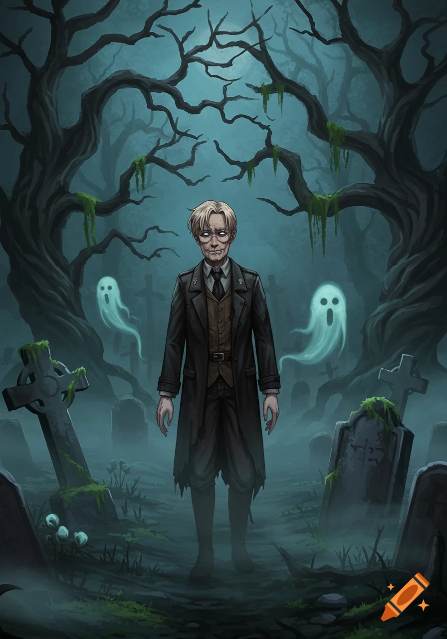 An old, pale man with glowing white eyes stands in a misty graveyard with two floating white ghosts and gnarled, mossy trees under a dark sky.