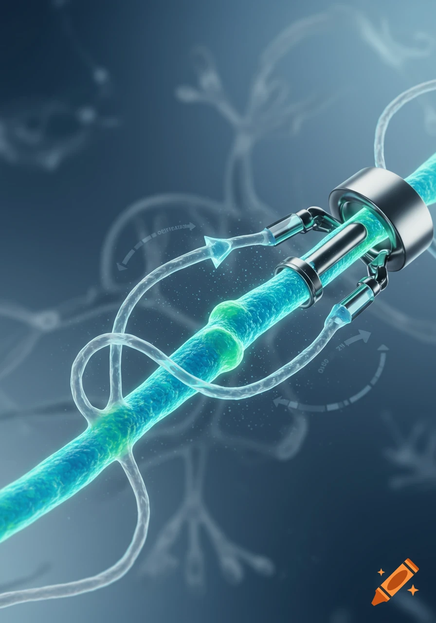 3D render of an electrode around a nerve fiber with optimization arrows on a neural background.