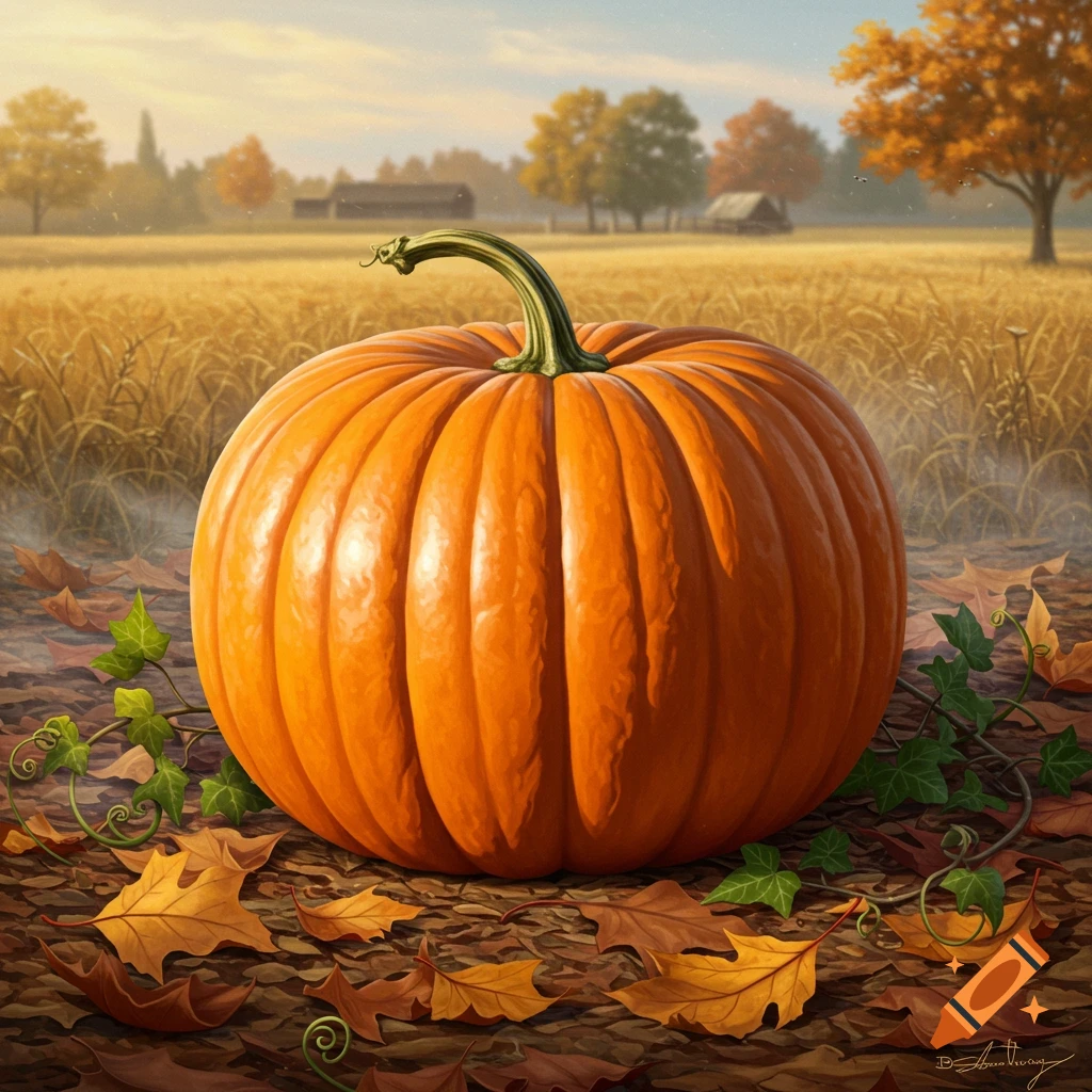 A large orange pumpkin sits among fallen autumn leaves in a field with golden crops and trees under a warm sky.
