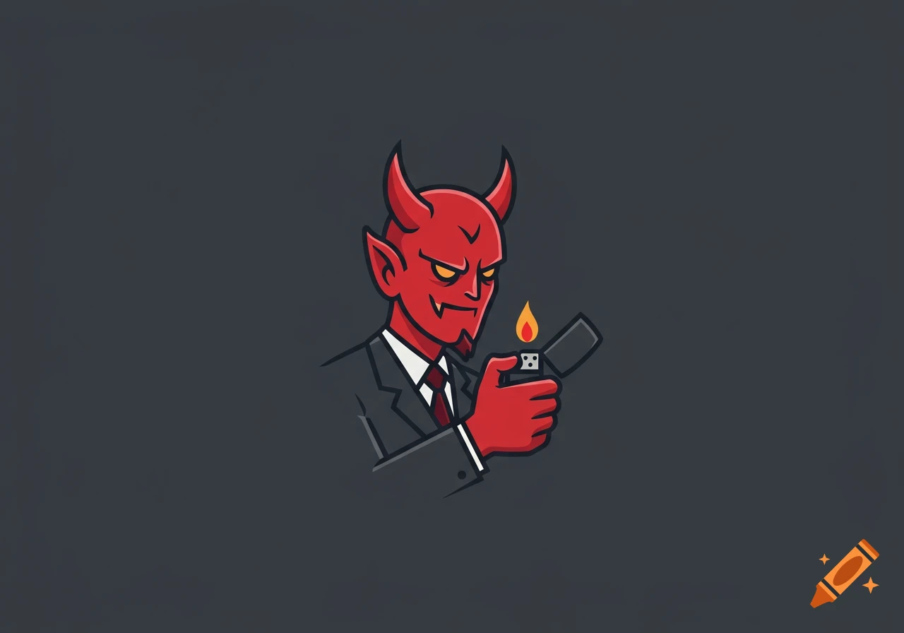 A cartoon red devil character in a suit with horns and a goatee, holding a lit silver lighter against a dark gray background.